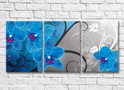 Triptic Orhidee albastră pe un fundal gri cu modele albe 3D7734 фото