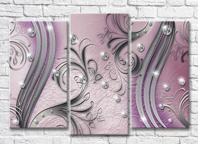 Триптих Абстракция из серебряных узоров и страз на лиловом фоне 3D7784 фото