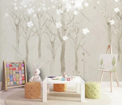 Фотообои Акварельные деревья с белыми цветами Ska1784 фото
