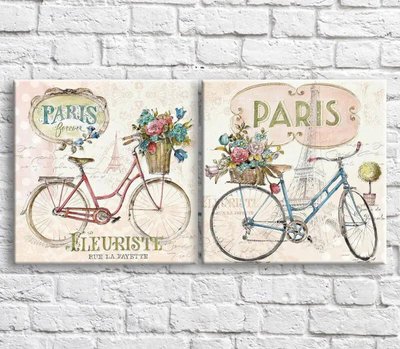 Картина Велосипеды и цветы на розовом фоне, Париж, диптих TSv10384 фото