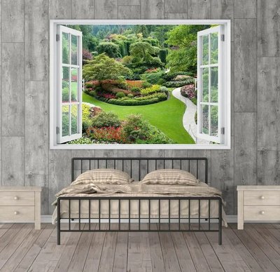 Наклейка на стену, Окно с видом на цветочный парк W98 фото