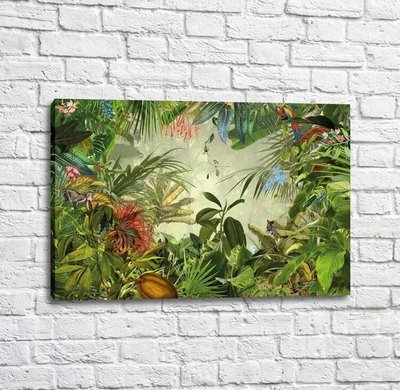 Постер Дикие животные и птицы в густых зеленых джунглях Mul16254 фото