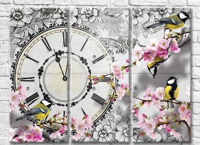Триптих Синицы на ветках и часы на винтажном фоне 3D7835 фото