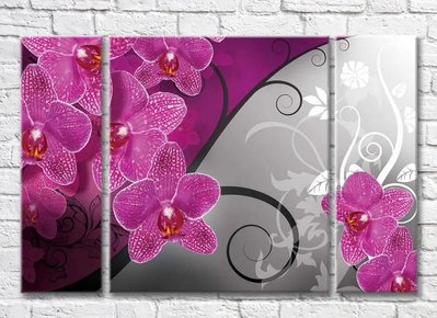 Триптих Фиолетовая орхидея на сером фоне с белыми узорами 3D7785 фото