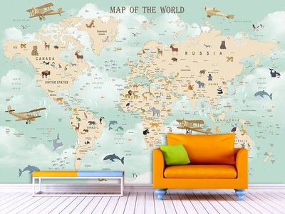 Детская карта мира с животными и самолетами на светлом зеленом фоне Fot735 фото