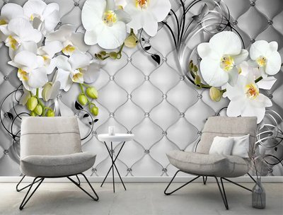 Белые 3Д орхидеи на серой стяжке TSv785 фото