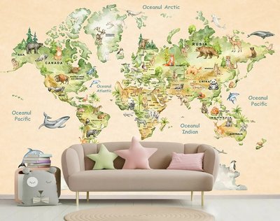 Harta lumii in romana, acuarela animale, bej aprins Det185 фото