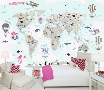 Детская карта мира для девочек с русалками и именем на флаге самолета Fot485 фото
