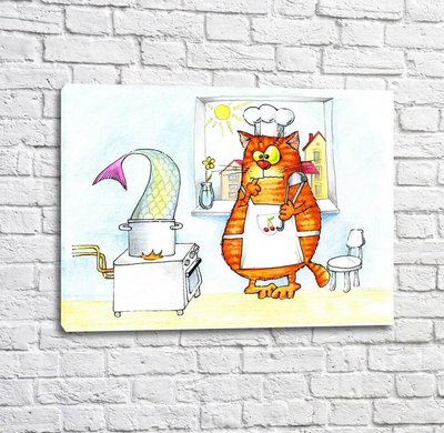 Постер Кот повар и огромная рыба в кастрюле Kot17063 фото
