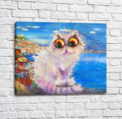 Постер Белый кот на фоне прибрежного городка Kot17013 фото