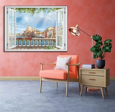 Наклейка на стену, 3D-окно с видом на Венецию W147 фото