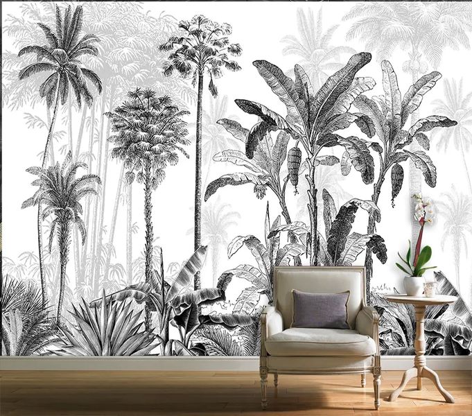 Тропический лес в стиле скетч, монохром черно белый Tro35 фото
