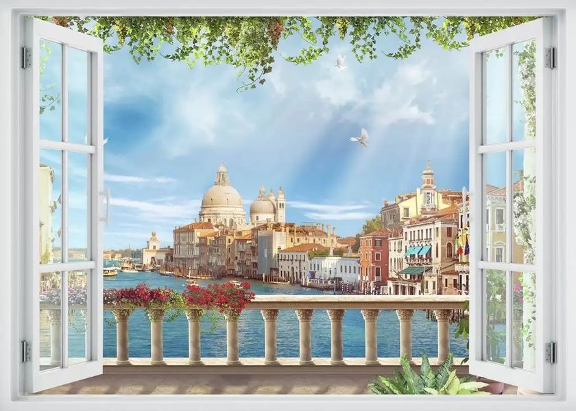 Наклейка на стену, 3D-окно с видом на Венецию W147 фото