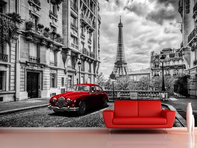 Paris alb-negru și mașină retro roșie Gor386 фото