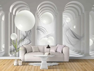 Объемное простраство с белыми шарами и колоннами 3D4786 фото