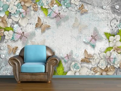 Бабочки и цветы на белом фоне 3D5336 фото