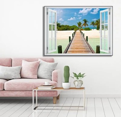 Наклейка на стену, 3D-окно с видом на солнечный пляж W196 фото