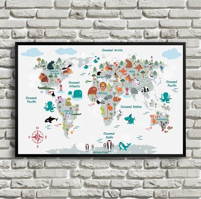Harta lumii, cu animaluti in romana Kar14683 фото