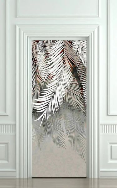 3Д наклейка на дверь, Листья на сером фоне ST286 фото