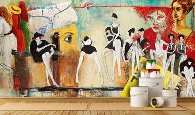 Фотообои Яркая современная модная фреска, девушки в шляпах Sov2837 фото