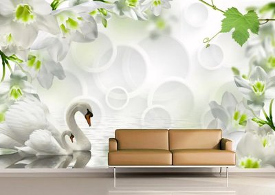 Белые лебеди на пруду на фоне цветов 3D5337 фото