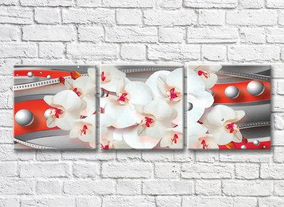 Триптих Орхидеи и сферы на сером фоне с оранжевыми полосами 3D7737 фото