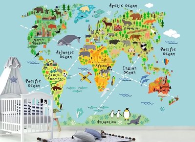 Карта мира с животными и названиями океанов на голубом фоне Det1037 фото