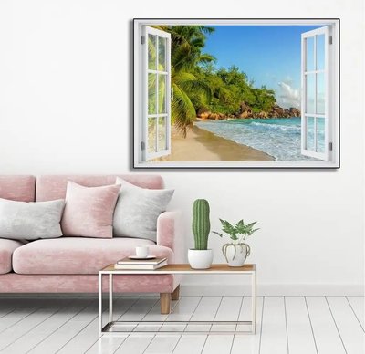 Autocolant, fereastră cu vedere la o plajă mărginită de palmieri W195 фото