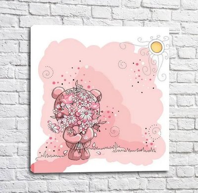 Постер Розовый мишка Тедди с цветами на розовом фоне Mul16557 фото