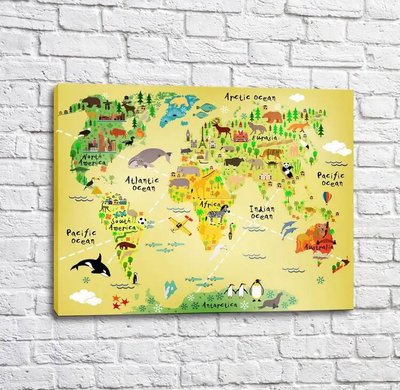Постер Детская карта мира с животными на желтом фоне Mul16257 фото