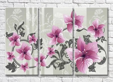 Триптих Розовые цветки на серой ветке из узоров 3D7843 фото