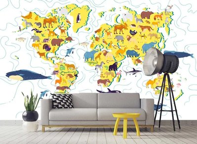 Желтые континенты с животными на абстрактном фоне карты мира Det1043 фото