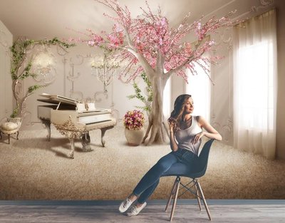 Сакура и рояль в интерьере комнаты 3D193 фото