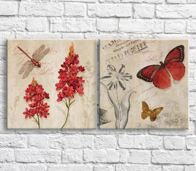 Картина Красная стрекоза и бабочка на фоне цветов и текста, винтаж, диптих TSv10393 фото