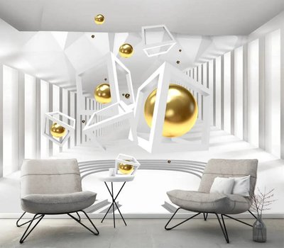 Золотые шары в геометрическом пространстве на фоне туннеля 3D4693 фото