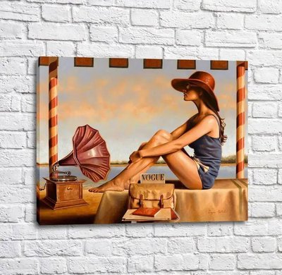 Постер Девушка и граммофон на фоне моря и неба Put17224 фото