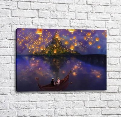 Постер Пара в лодке на фоне тысяси небесных фонарей Mul16363 фото