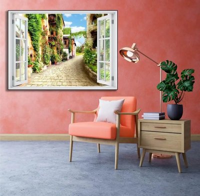 Наклейка на стену, 3D-окно с видом на внутренний двор с цветами W139 фото