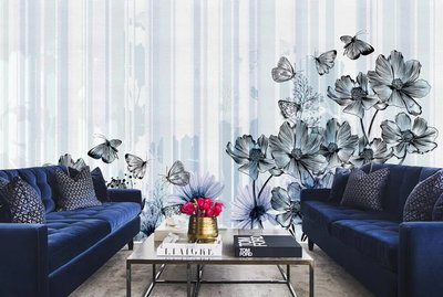 Цветы и бабочки на голубом полосатом фоне TSv888 фото