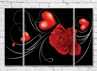 Триптих Красная роза и сердца на черном фоне1 3D7788 фото