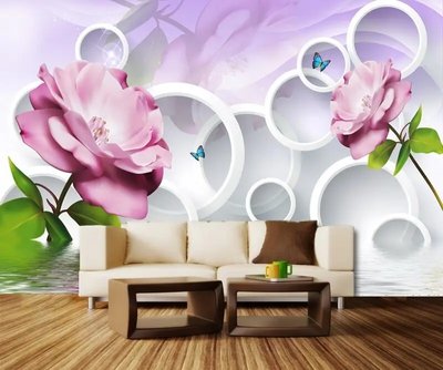 Фотообои Крупные цветы розовых роз на 3д фоне и бабочки 3D3888 фото