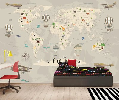 Детская карта мира в бежевых тонах с самолетами и воздушными шарами Fot488 фото