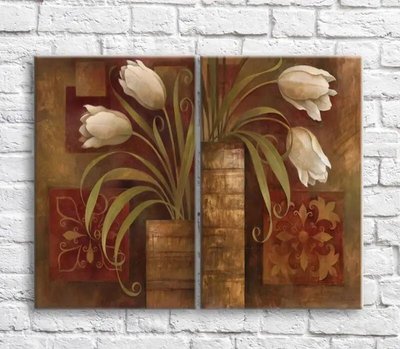 Картина Белые тюльпаны в вазах на коричневом фоне, ретро, диптих TSv10538 фото