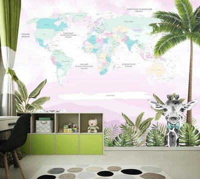 Карта мира на светлом фоне с тропическими растениями и животными Fot538 фото