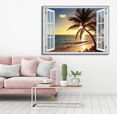 Наклейка на стену, 3D-окно с видом на пляж со скалами W194 фото