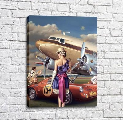Постер Девушка в платье на фоне спортивного авто и самолета Put17219 фото