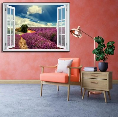 Наклейка на стену, Окно с видом на равнину фиолетовых цветов W94 фото