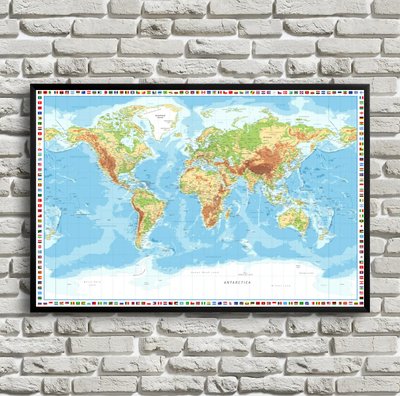 Harta fizica a lumii in engleza cu steaguri Kar14685 фото