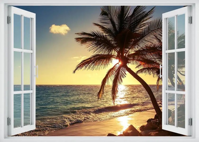 Наклейка на стену, 3D-окно с видом на пляж со скалами W194 фото