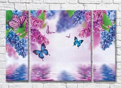 Триптих Розовая и синяя сирень и бабочки 3D7794 фото